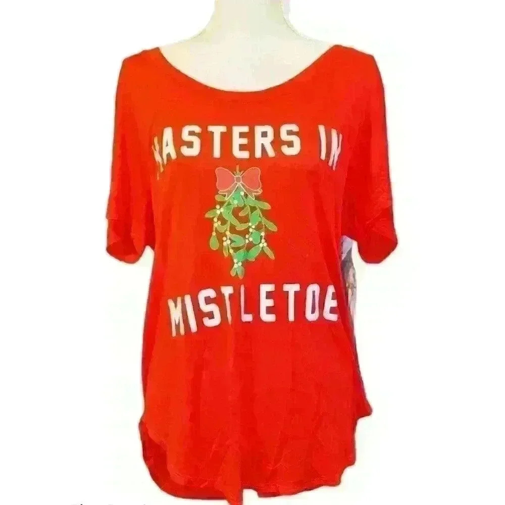 MISTLETOE RED HOLIDAY Casual TUNIC LOUNGING SLEEP PJ Pajama Shirt Top size Lg